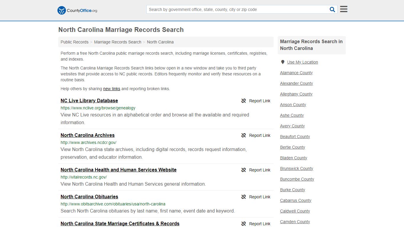 North Carolina Marriage Records Search - County Office